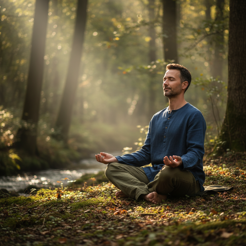 Homme en position de méditation douce dans un environnement naturel et calme, la lumière du soleil filtrant à travers les arbres, assis sur le sol en forêt avec une posture détendue et une expression sereine