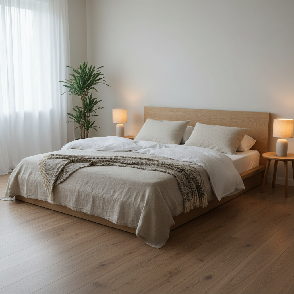 Chambre à coucher sereine et épurée, avec un éclairage doux et des draps en lin, suggérant le repos et la tranquillité d'un environnement propice au sommeil de qualité profonde