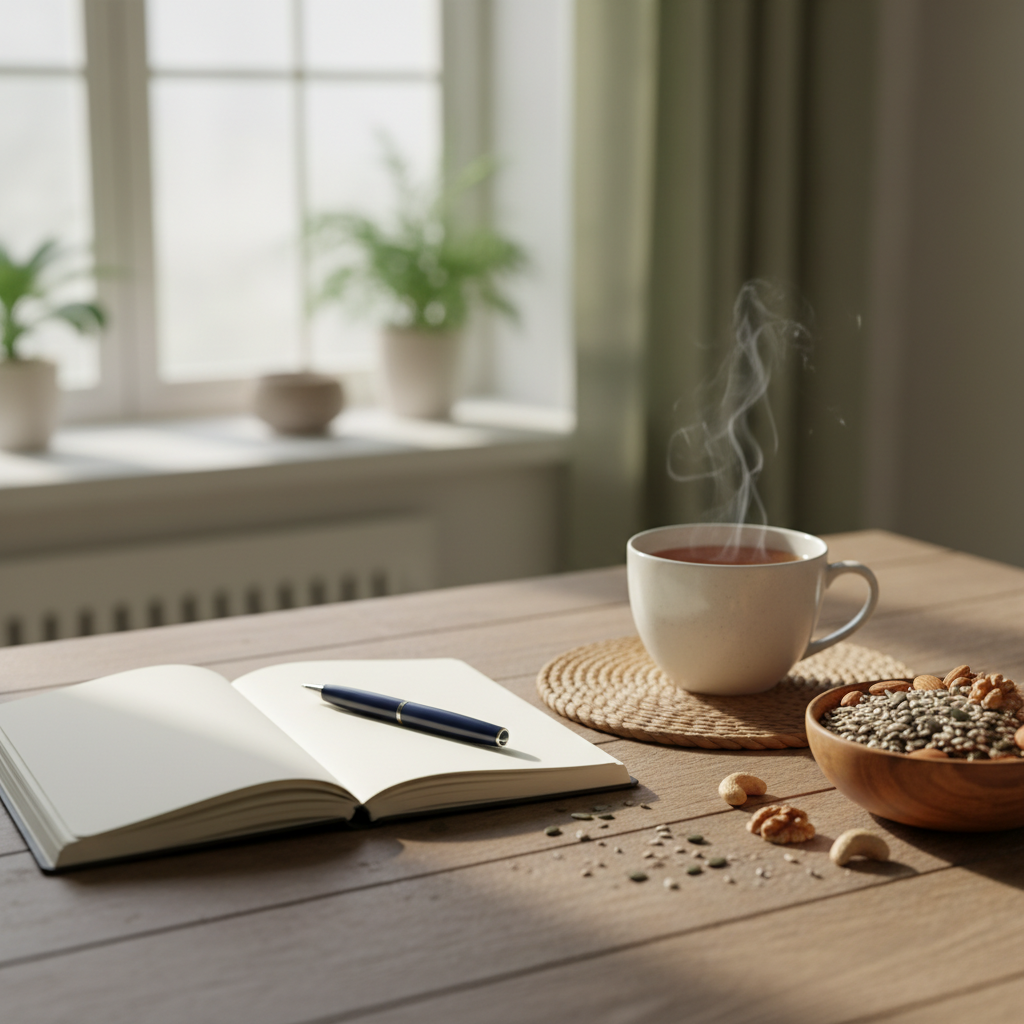 Table matinale soignée avec un carnet ouvert, une tasse de thé fumante et quelques graines et noix dans un bol en bois, lumière naturelle douce entrant par une fenêtre, évoquant une routine matinale consciente et apaisante