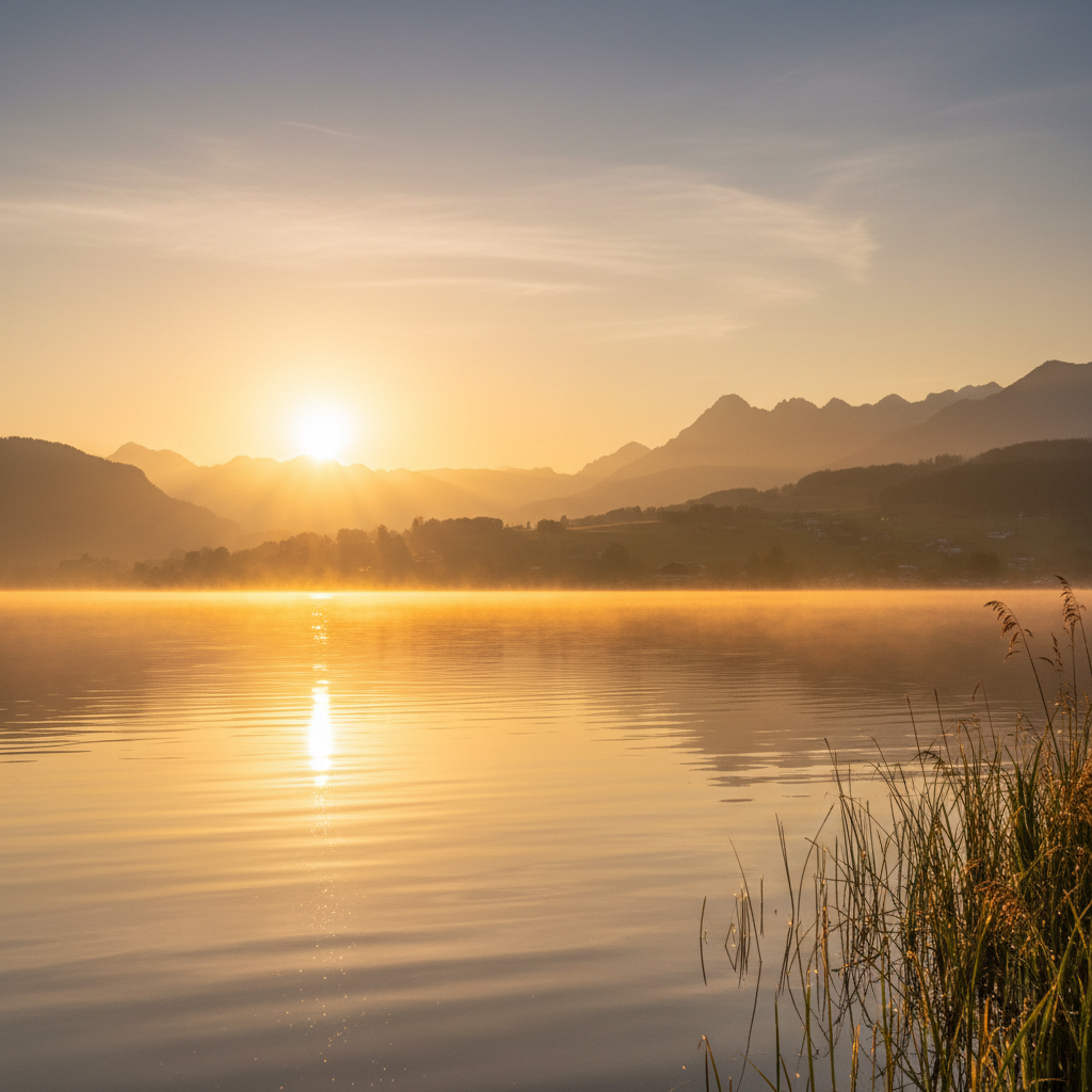 Lac suisse au lever du soleil, reflets dorés sur une surface d'eau calme entourée de montagnes enneigées, atmosphère sereine et lumineuse