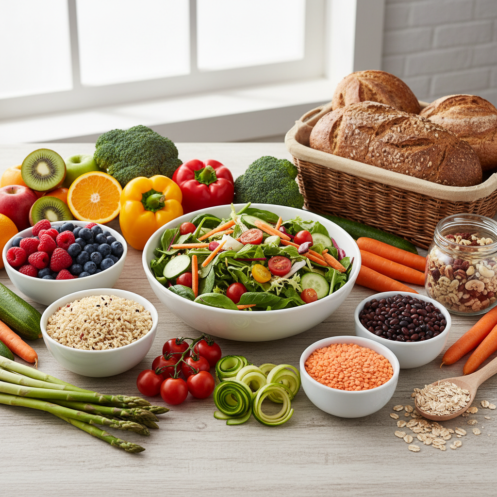 Assortiment de légumes frais colorés, fruits, céréales complètes et légumineuses disposés sur une table en bois clair, représentant une alimentation équilibrée et naturelle