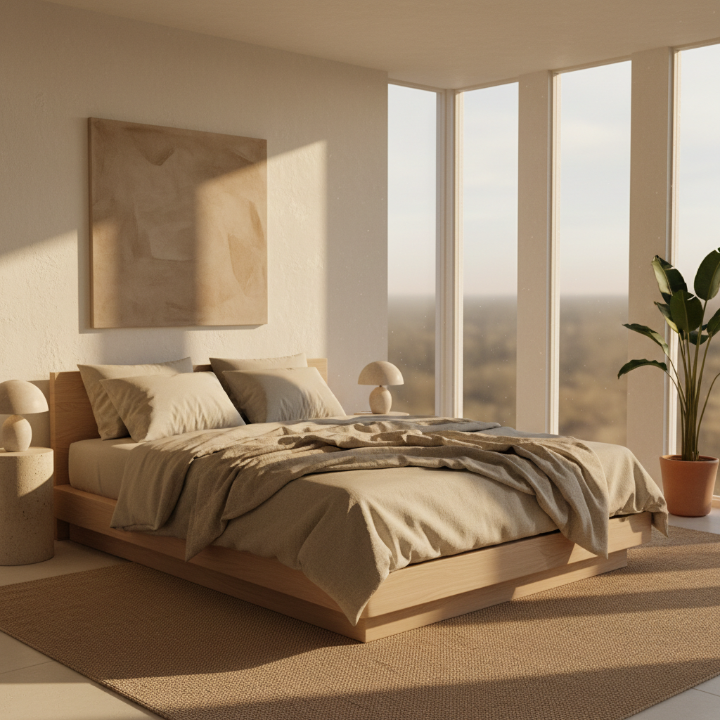 Chambre minimaliste avec une literie en lin beige, la lumière dorée de fin d'après-midi filtrant doucement à travers des voilages blancs, ambiance de repos et de tranquillité